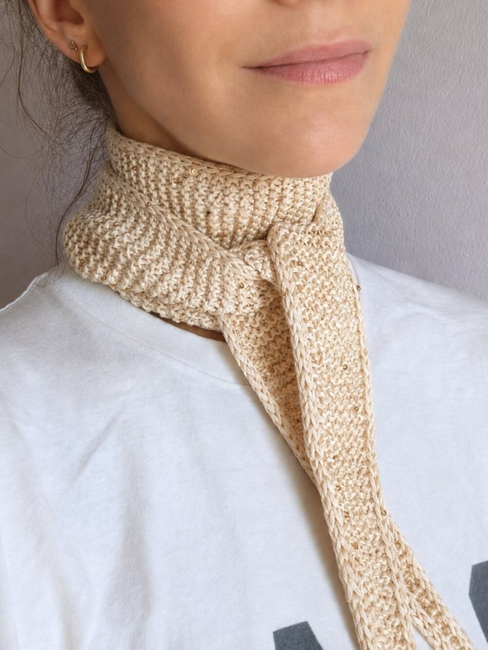 Handmade Sophie Scarf Linen Sequin Knit Minimalist Small Ivory Gold